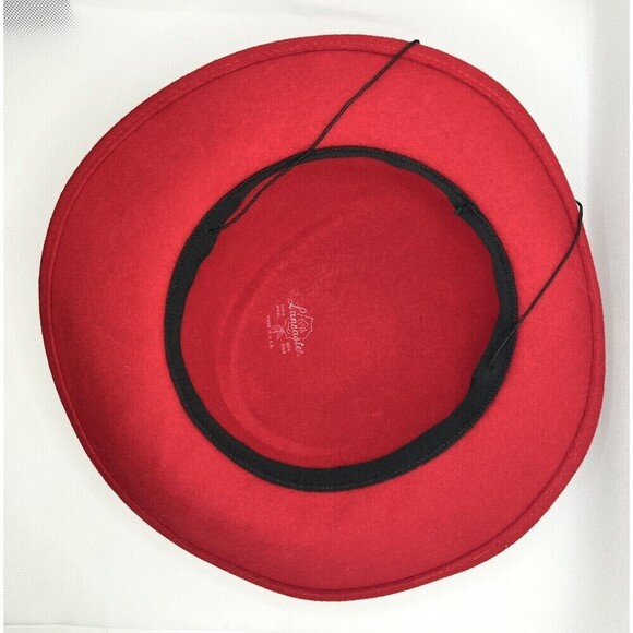 LANCASTER 100% Wool RED Hat With Feathers Black Patent Trim Made in USA - Picture 6 of 7